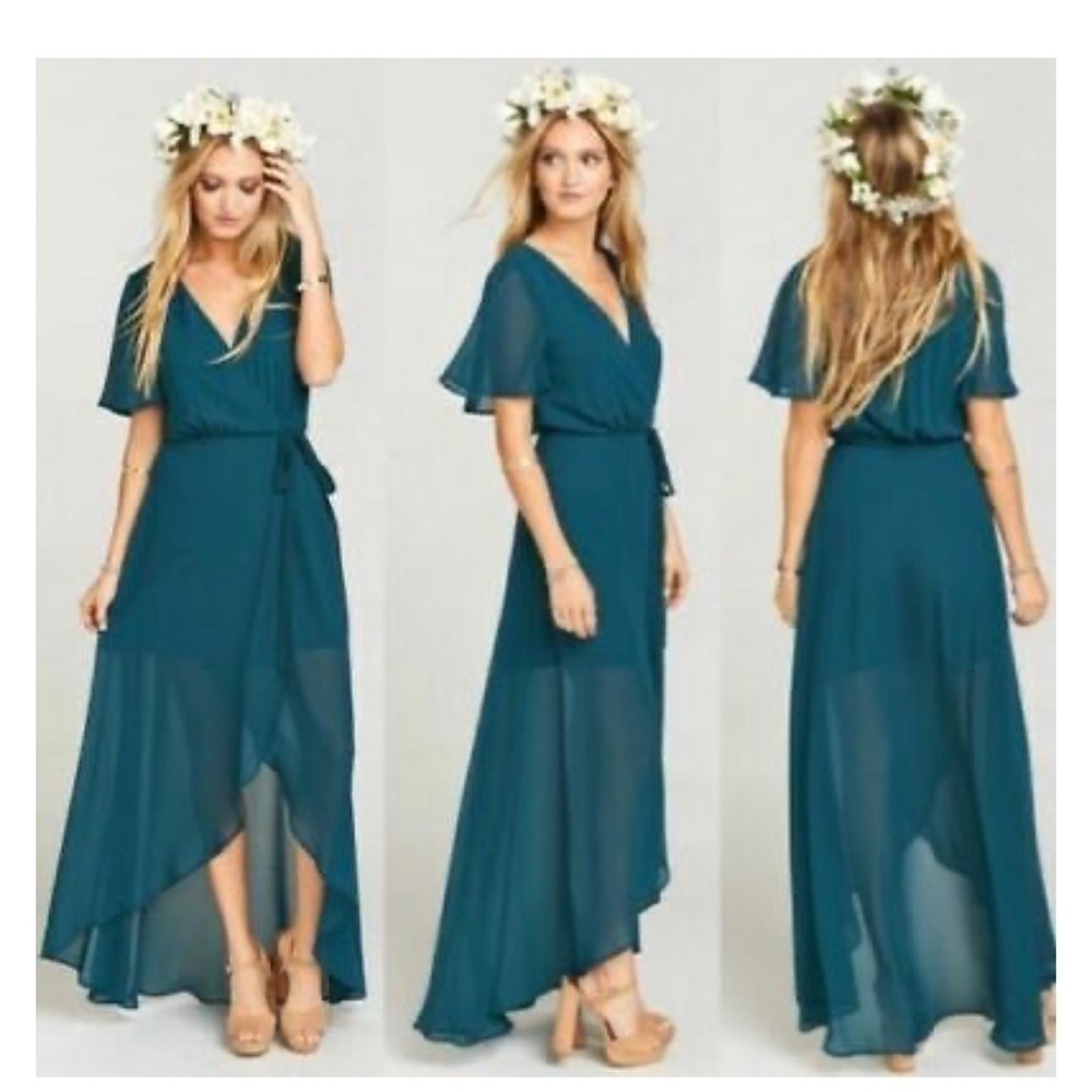 Show Me Your MuMu Sophia Wrap Dress in Deep Jade Chiffon Size XS - Picture 3 of 12